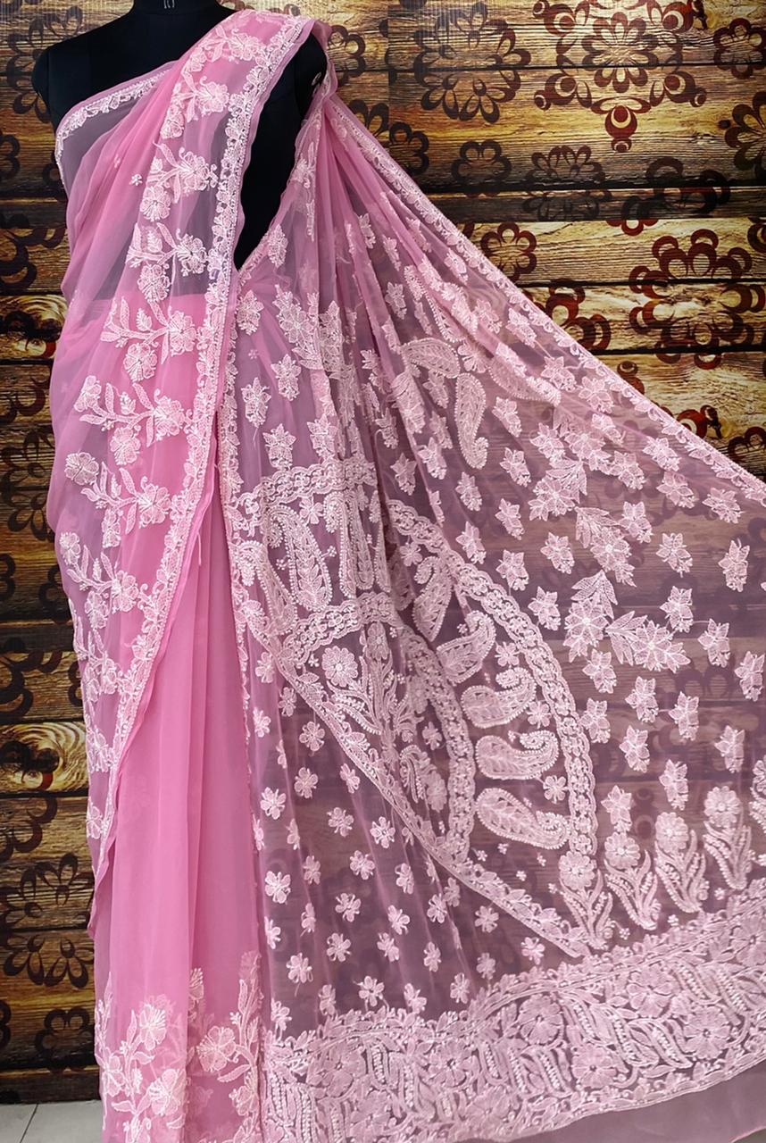 Maharani's Party Wear Lucknowi Chikankari Saree - Pink - Pure Georgett –  Maharani Collections